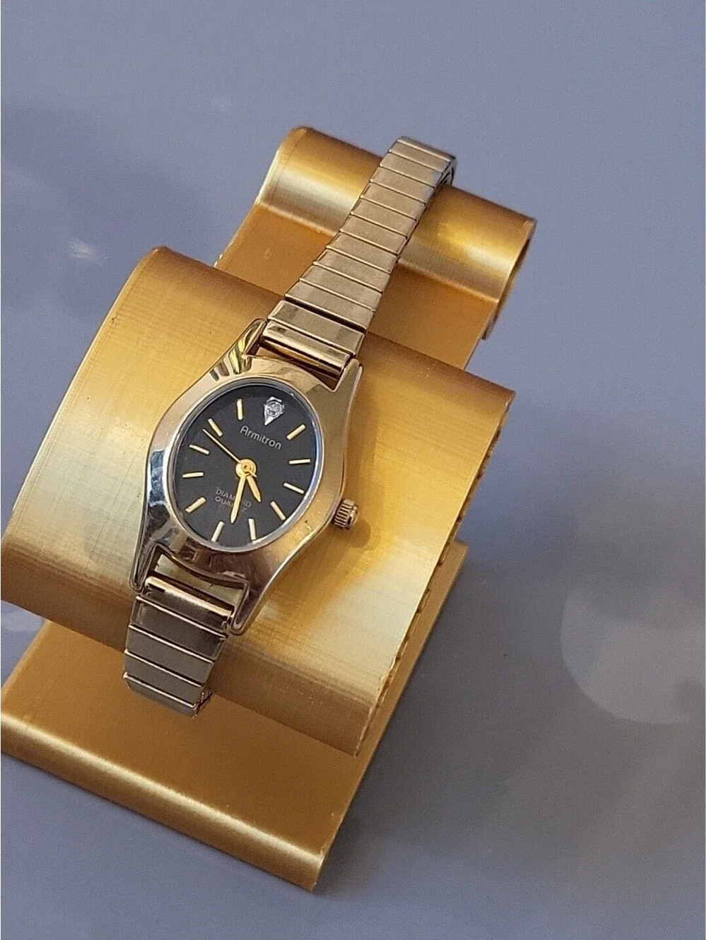 Armitron Diamond Watch Women Gold Stainless St Stretch Battery  Black Quartz EUC